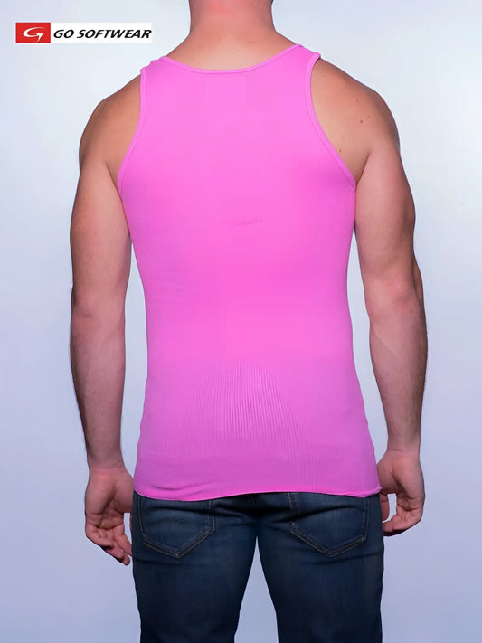 A vibrant deep pink ribbed tank top from Go Softwear made of soft fabric in size small