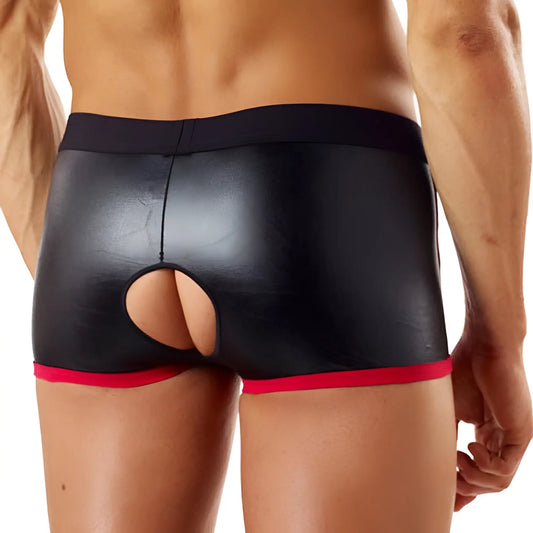 Good devil gd5018 boxer trunk black patent leather briefs with red trim and open back cutout shown from the back