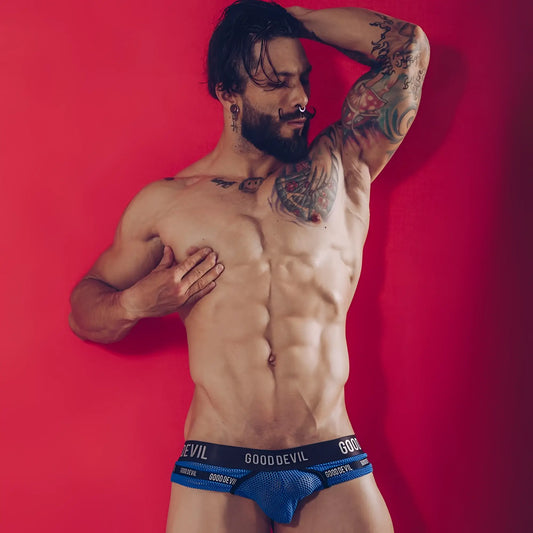Blue mesh good devil gdj016 briefs with black elastic waistband showing front side design