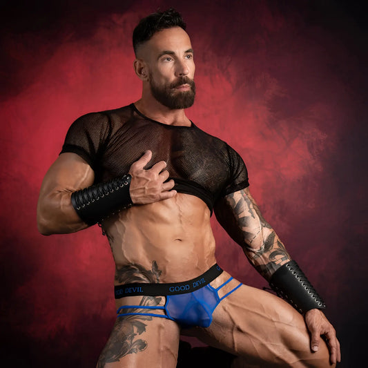 Blue mesh briefs with black elastic waistband featuring good devil branding from good devil gdk059 thong product