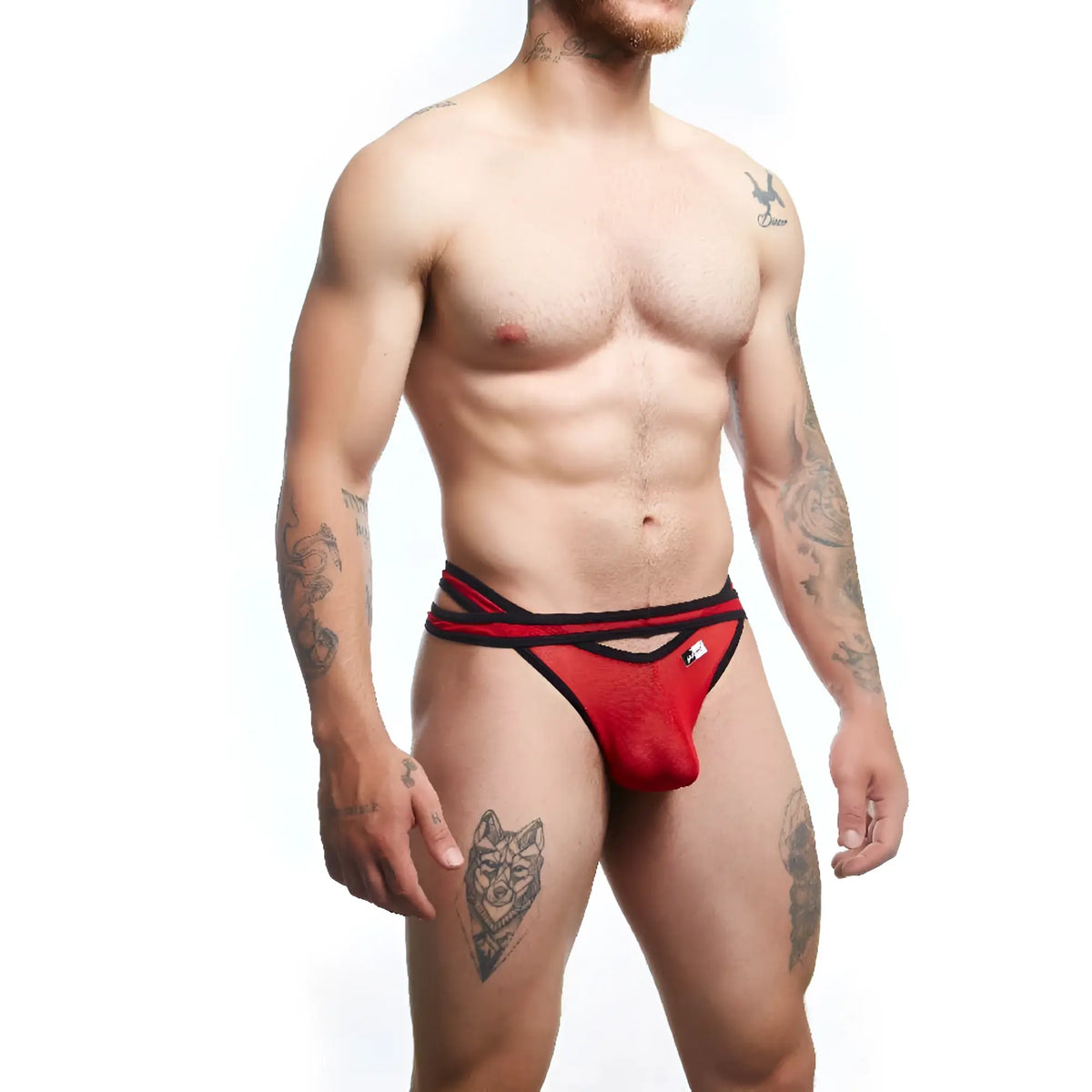 Good Devil GDK072 thong red and black mesh briefs with bold athletic design showing front side