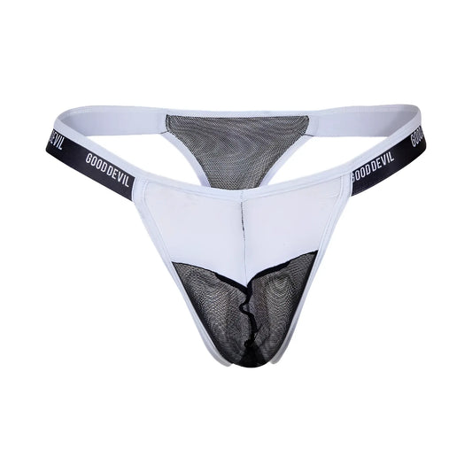 White and black mesh thong with gooddevil branding on waistband from good devil gdk073 collection