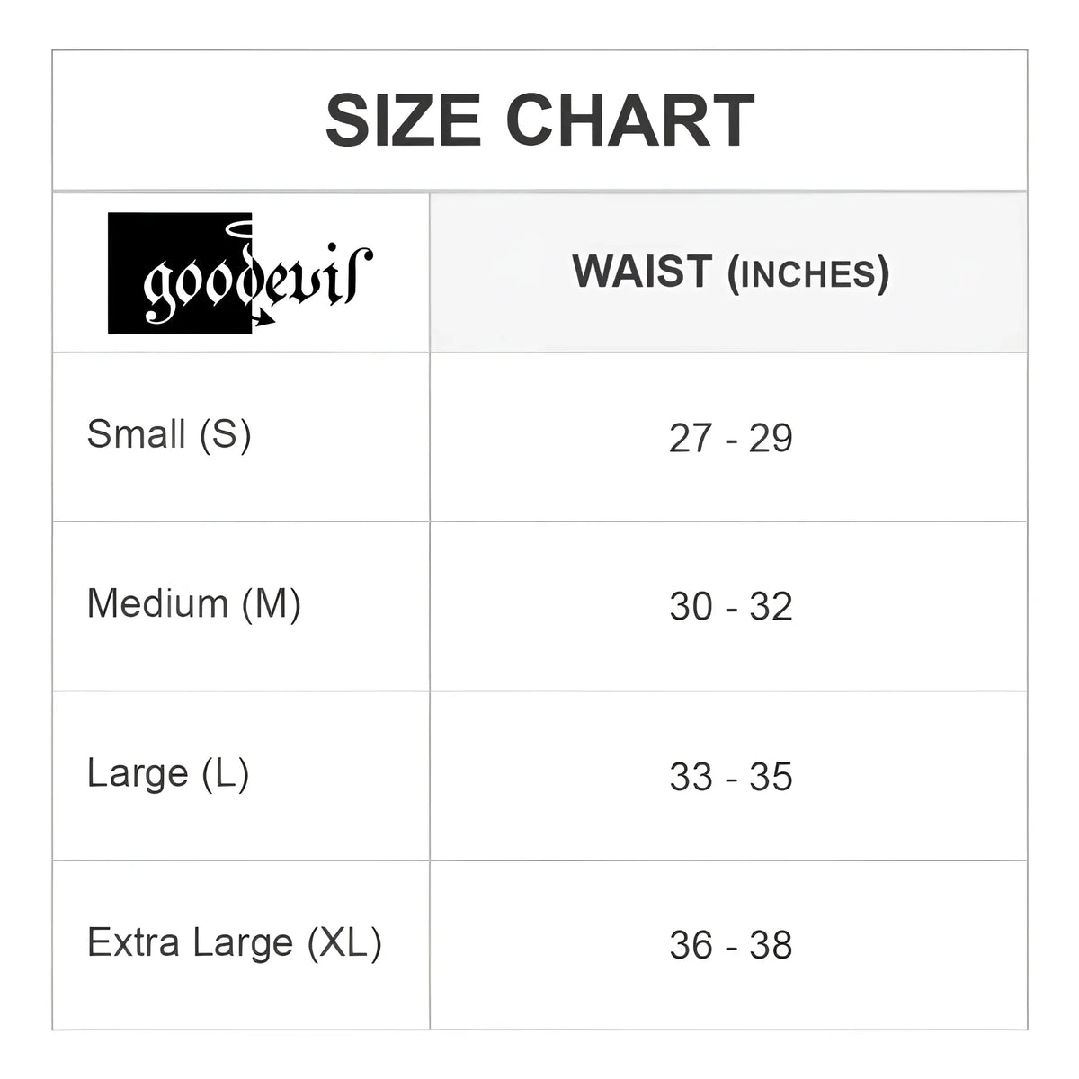Good devil gdu036 accessory size chart showing waist measurements for small to extra large sizes
