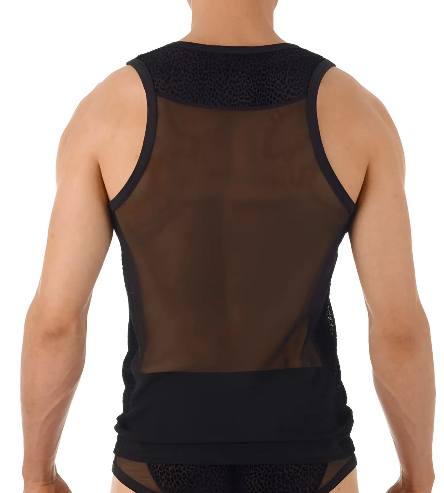 Black sheer mesh Gregg Homme TRYST tank top with lace trim and leopard print accents size S front view