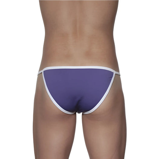 Purple groovin accent string bikini thong with white trim in indigo purple showing back side view