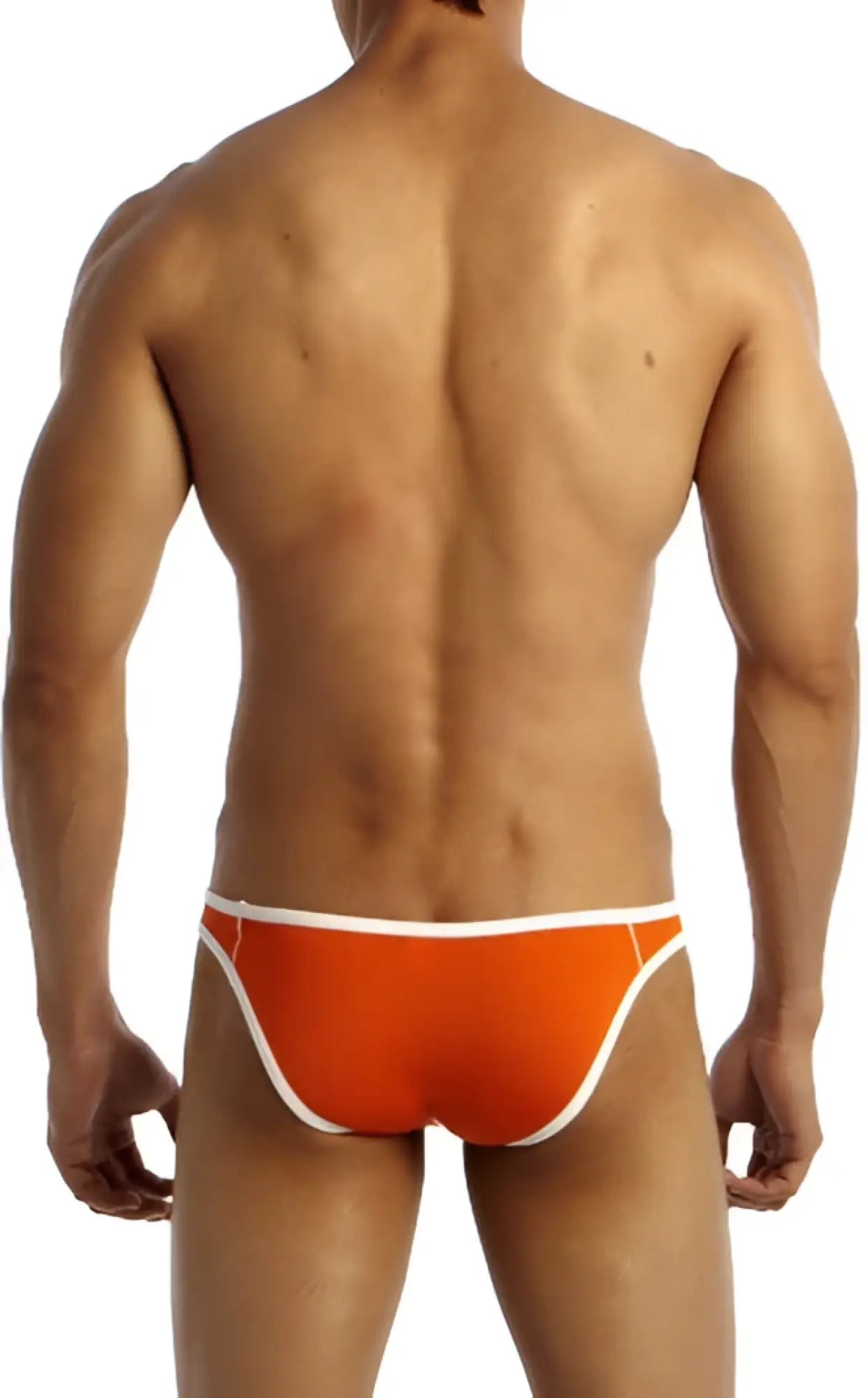 Bright orange groovin underwear accent v cut bikini swim trunks with white trim for stylish beachwear