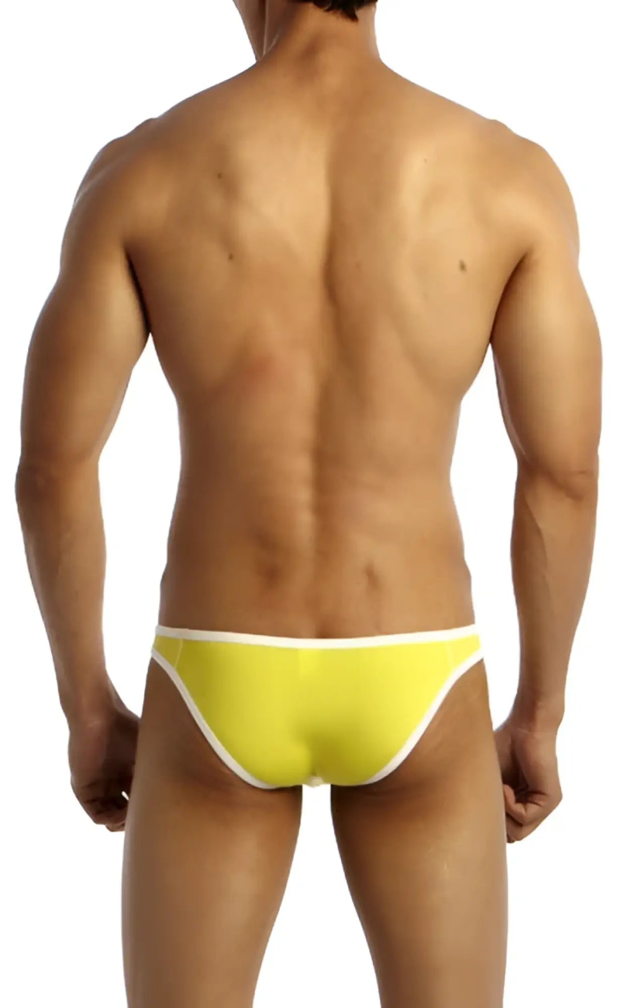 Bright yellow groovin underwear accent v cut bikini briefs with white trim made of soft breathable fabric