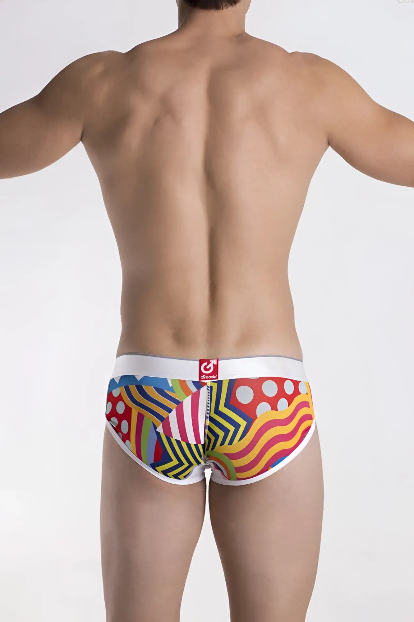 Vibrant multicolored groovin’ underwear pop art cup boxer cbp1702 with bold geometric and abstract patterns in red yellow blue green and white