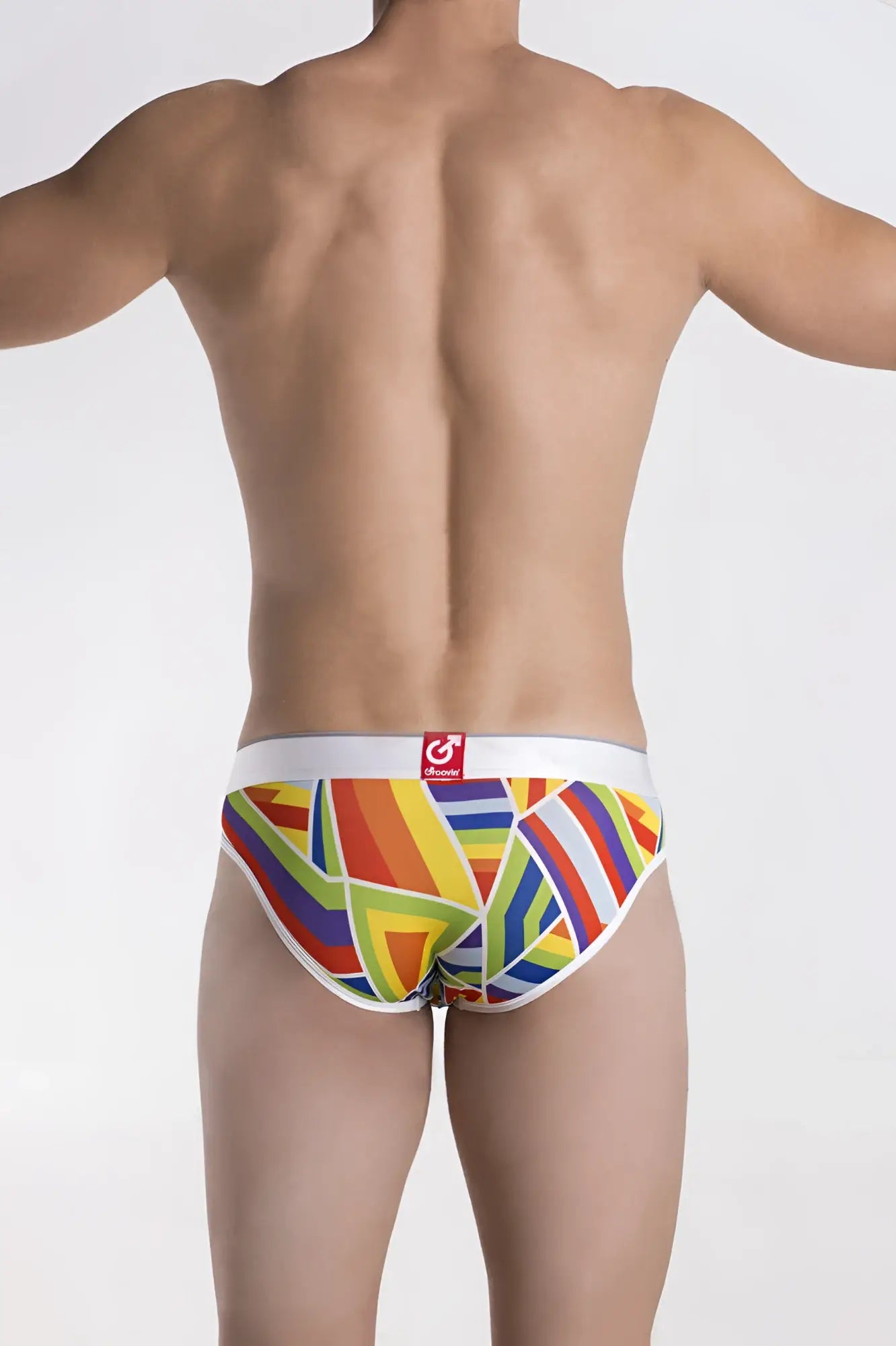 Groovin underwear prism hip brief bfp1701 with vibrant rainbow geometric pattern and white elastic waistband