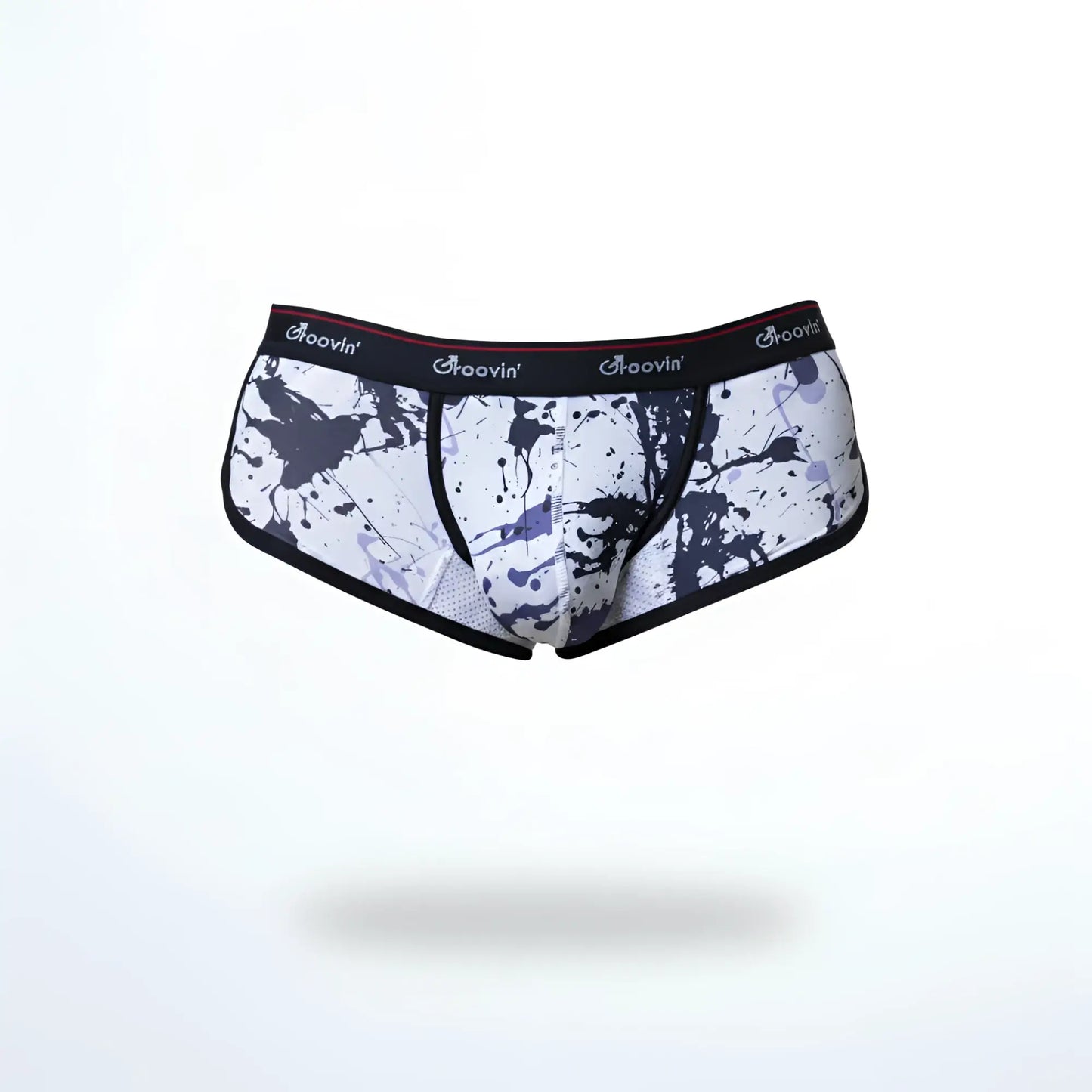 White briefs with black purple paint splatter and groovin branded black elastic waistband groovin underwear splatter art cup boxer
