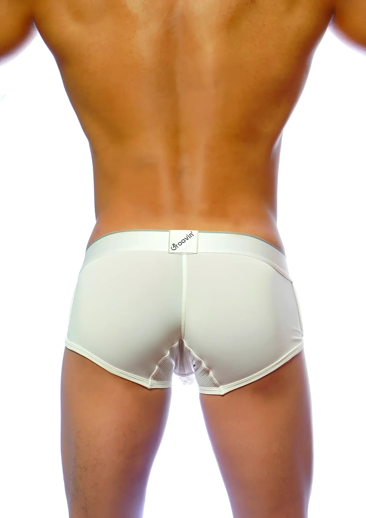 Cream-colored groovin underwear ventilated cup boxer briefs with mesh back panel and elastic waistband white cb1601 shown from back