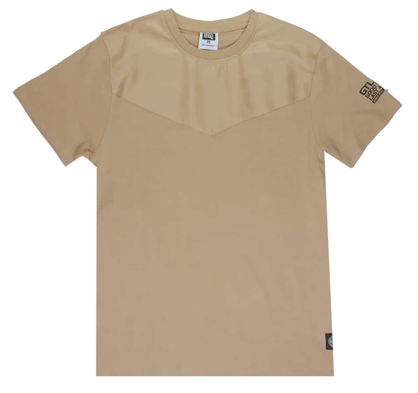 Beige GTL4 panel t-shirt with short sleeves, subtle geometric chest panel, and branded patches on sleeve and hem