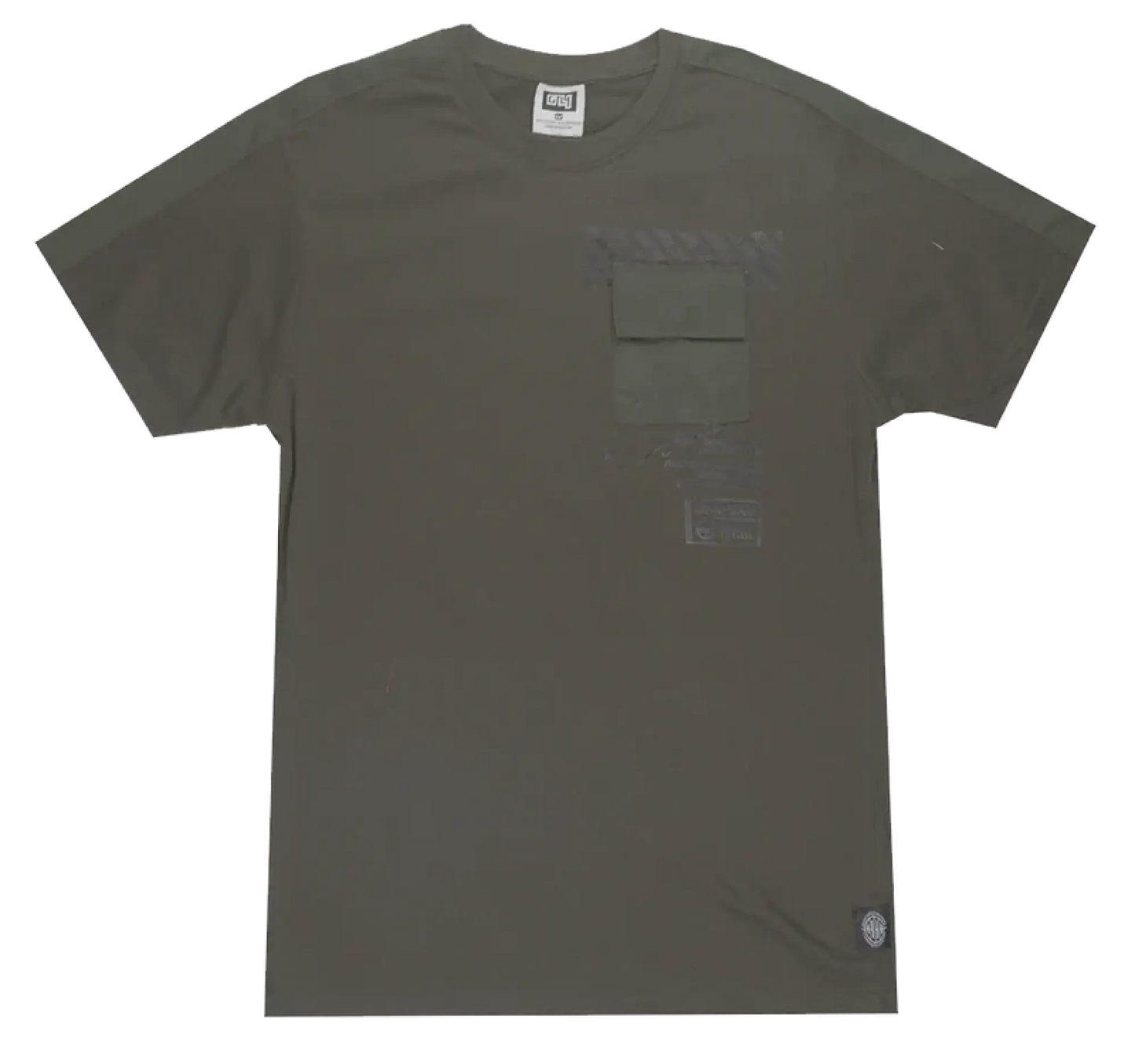 Olive green short-sleeved gtl4 panel t-shirt with chest pocket and subtle faded graphic details