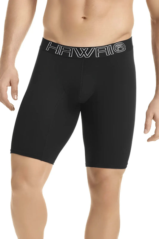 Black hawaii brand men’s compression boxer briefs in solid black with white outlined logo on waistband