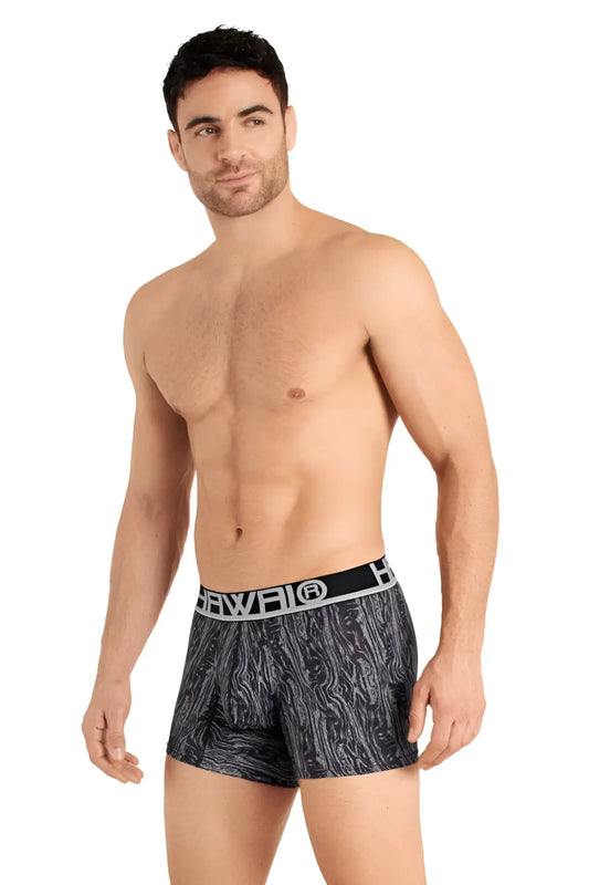 Black and gray patterned boxer briefs with white hawai logo on waistband from hawai 42021 trunks color gray collection