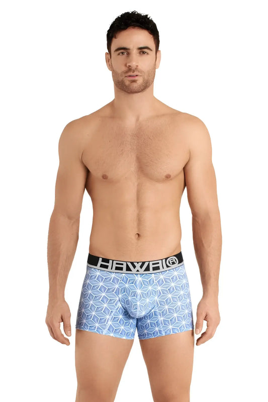 Light blue hawaii boxer briefs with geometric pattern and black waistband in trunks color blue design