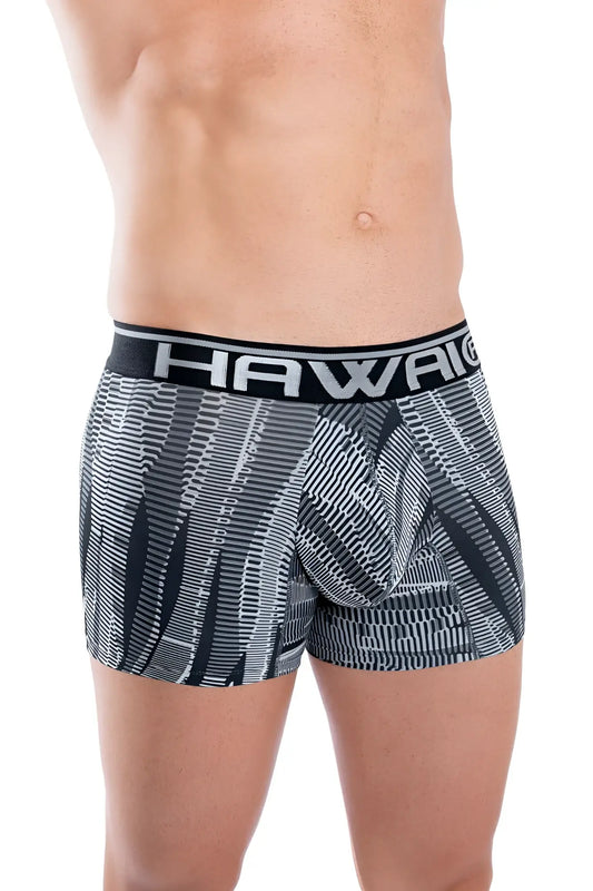 Black and gray patterned men’s boxer briefs with a bold hawaii waistband in black athletic trunks design