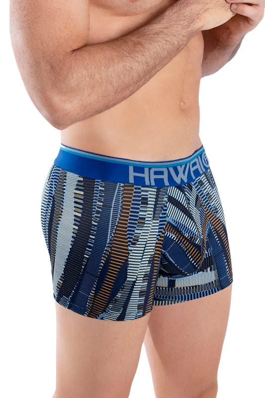 Blue and gray patterned boxer briefs with bold geometric design and hawaii branded waistband in royal blue color