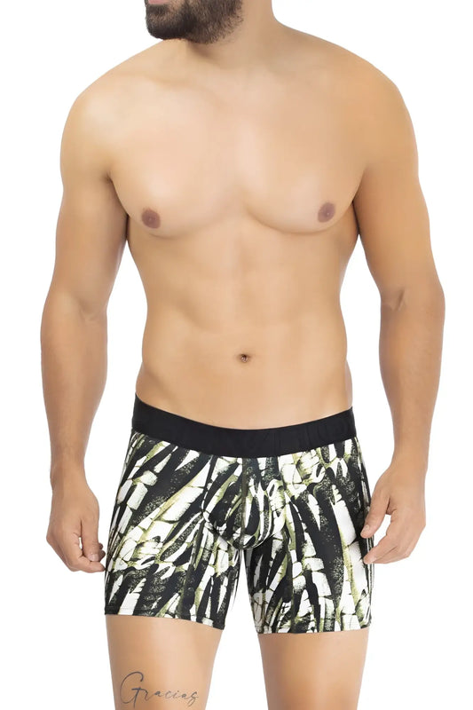 Hawai 42172 printed microfiber trunks in military green with black and white abstract leaf patterned boxer briefs