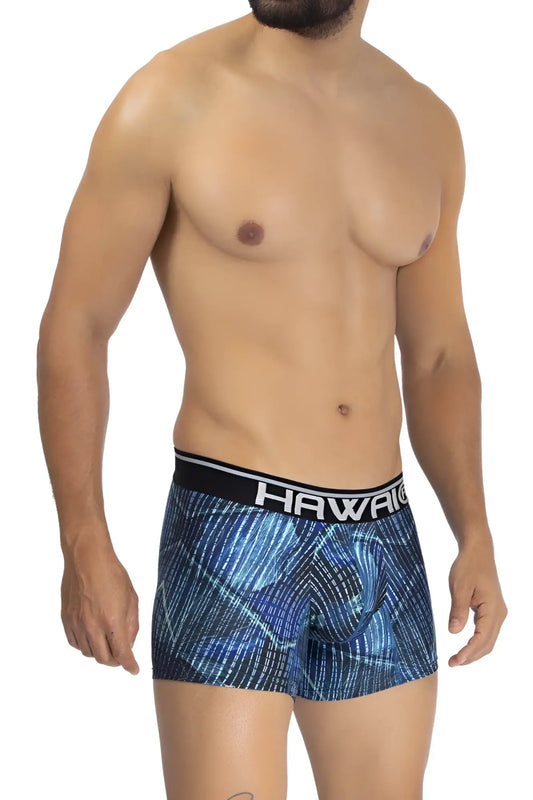 Blue patterned hawai 42173 printed microfiber boxer briefs with a black waistband in royal blue color