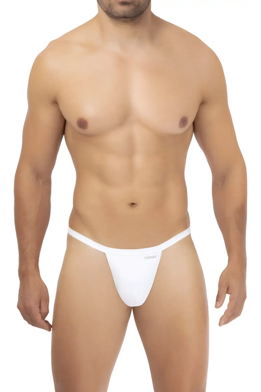 White men’s microfiber thong in white with minimalist design and hilario brand name printed on the front