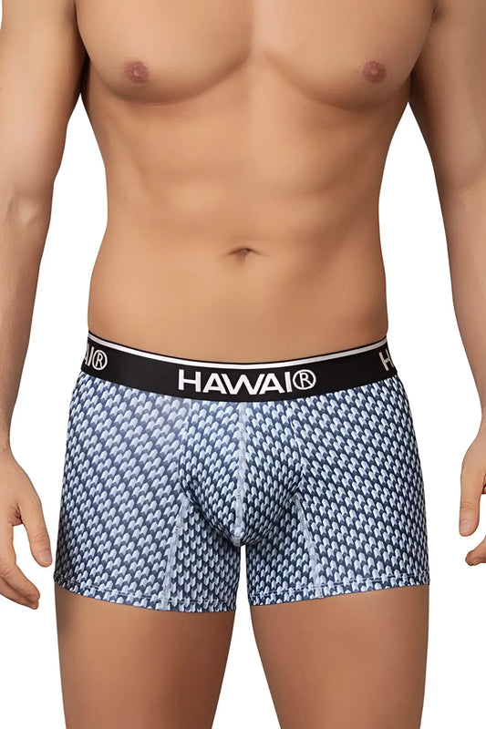 Blue and white patterned Hawai 42420 printed boxer briefs with black waistband and white brand lettering