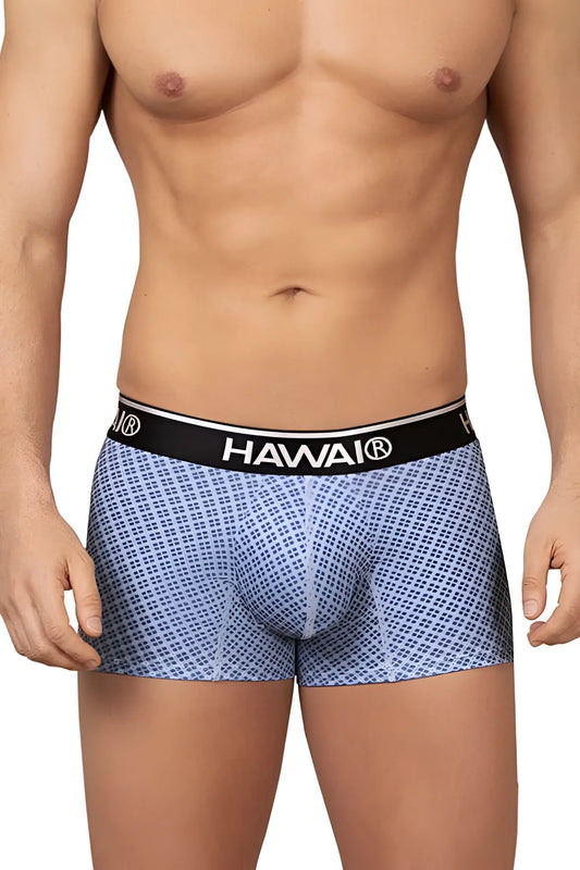 Blue patterned men’s briefs with black waistband featuring hawai brand name in white from hawai 42421 printed trunks