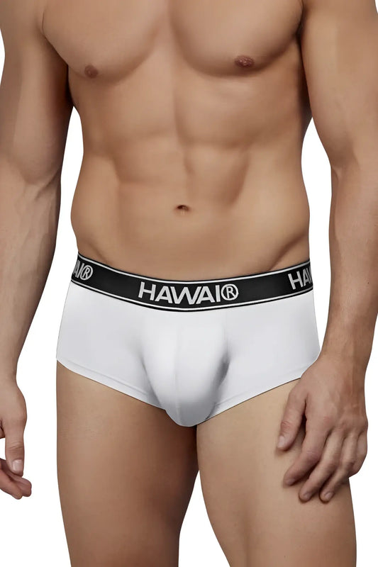 White men’s microfiber briefs with black waistband and hawaii brand name in white lettering color white
