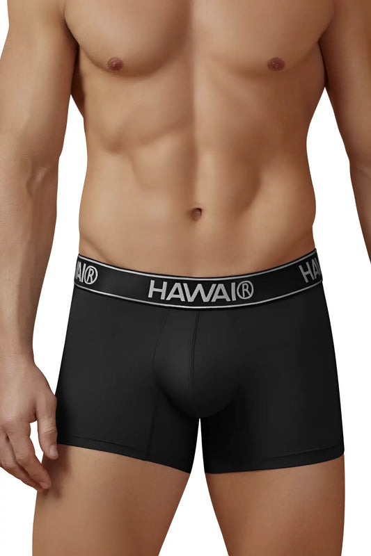 Black hawai brand microfiber boxer briefs in black with a white logo waistband for comfortable everyday wear