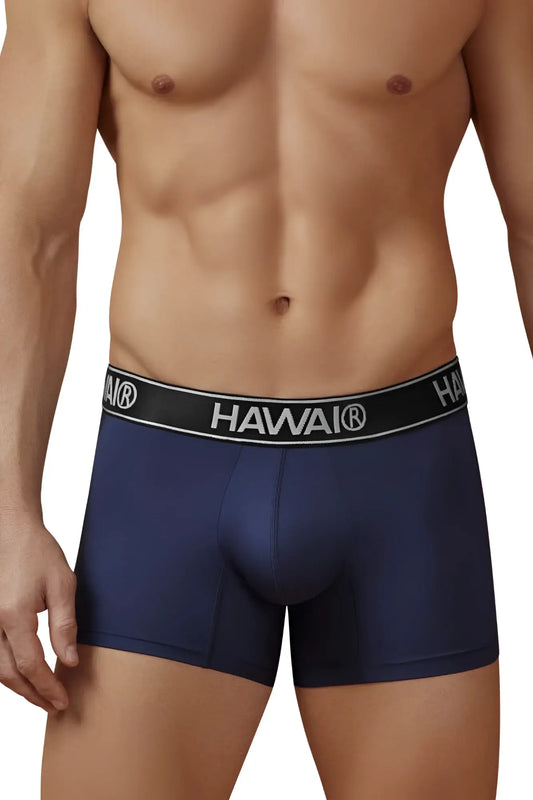 Navy blue hawaii brand microfiber trunks with a black waistband and white lettering in color dark blue-01