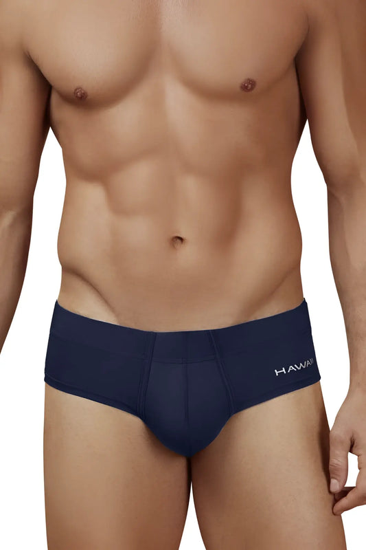 Navy blue microfiber men’s briefs with hawaii branding on the waistband designed for comfort and style