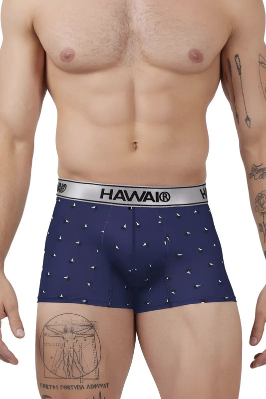 Navy blue hawai 42470 printed microfiber trunks with subtle white triangle pattern and silver waistband