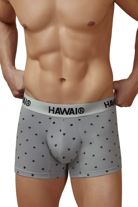 Gray hawaiian men’s cotton blend boxer briefs with black palm tree prints and branded waistband trunks