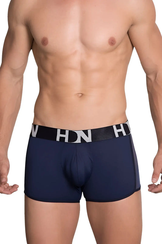 Navy blue hidden 964 mesh side trunks boxer briefs with black elastic waistband and white hdn branding