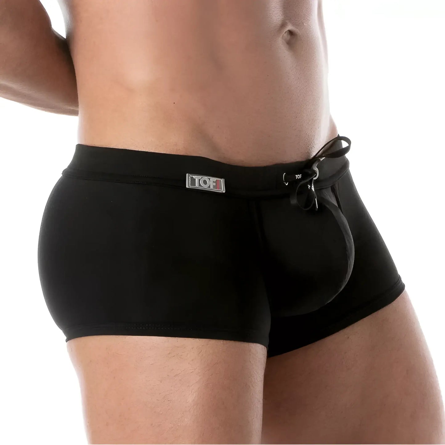 Black holidays swim trunk featuring a drawstring waistband and a small front pouch for secure storage