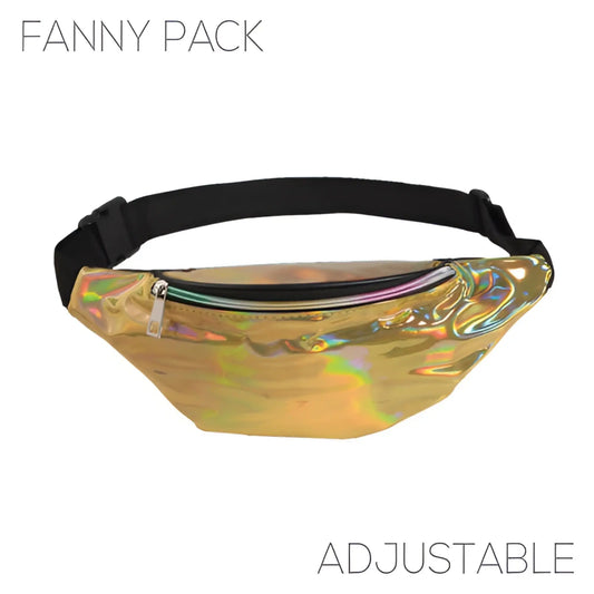 Holographic gold fanny pack with black adjustable strap featuring a shiny iridescent finish in five colors
