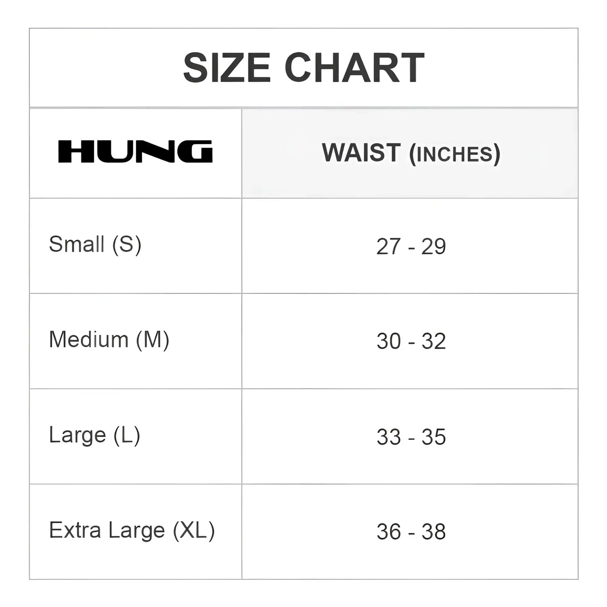 Hung hge017 jockstrap size chart showing waist measurements in inches for accurate fitting guidance