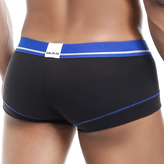 Black men’s briefs hung hgg006 line trunk with blue elastic waistband white stripes and hung brand label