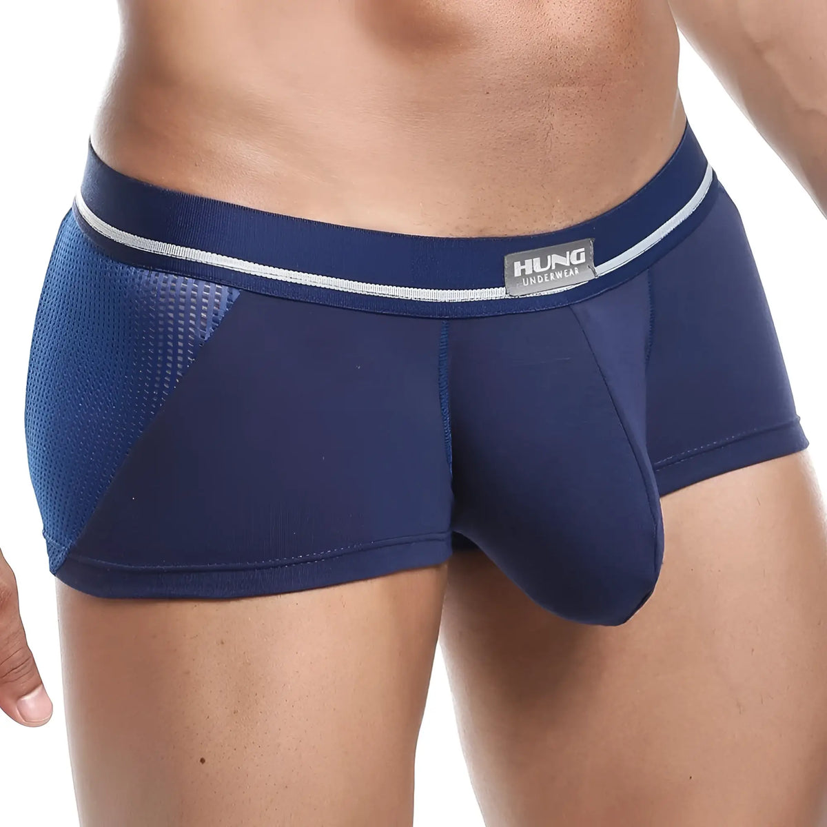 Navy blue hung hgg007 boxer trunk with mesh panel and white stripe trim designed for comfortable support