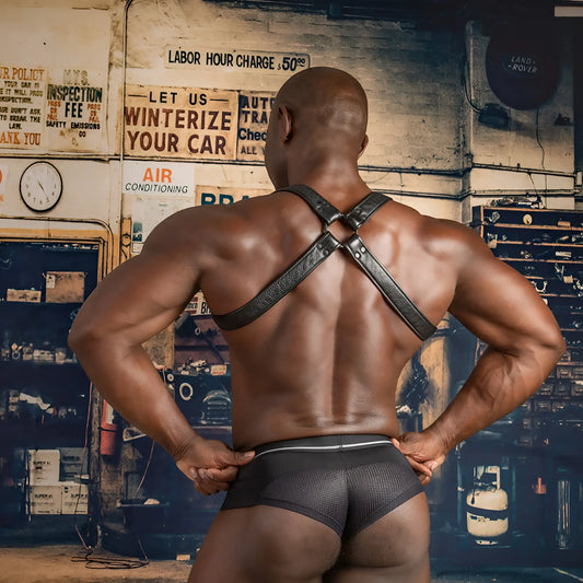 Black leather harness brief hung hgg016 with cross-back straps and silver toned hardware shown from the back