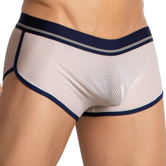 White mesh hung hgg017 boxer trunk briefs with navy blue trim and gray stripe on waistband for comfortable wear