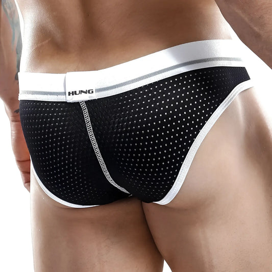 Black mesh briefs with white trim and hung brand label on waistband in hung hgi004 brief product image