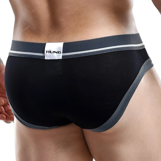 Black hung brand briefs hgJ003 with gray trim and white stitching showing the front side of the product