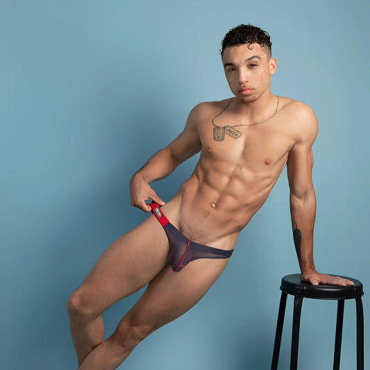 Navy blue and red mesh thong brief hung HGJ016 with bold modern design and breathable fabric visible from the back side