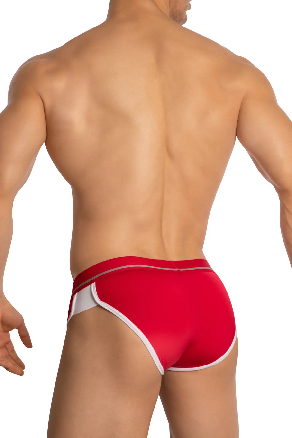 Red hung hgJ022 brief athletic briefs with white trim and sleek form-fitting design for active wear