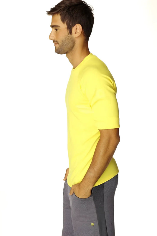 Bright yellow short-sleeved hybrid crew neck raglan tee made from soft breathable fabric for casual wear
