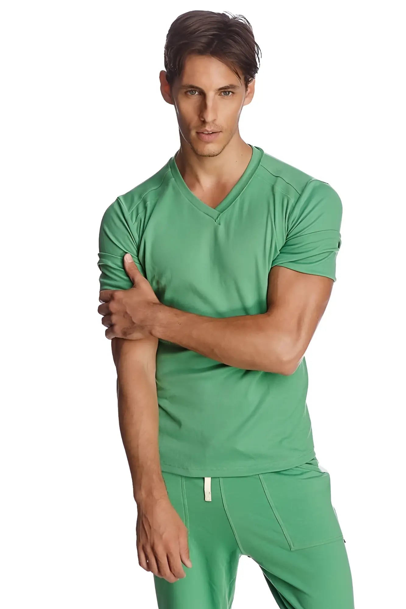 Green v-neck short-sleeved t-shirt made of soft textured bamboo fabric hybrid v-neck bamboo green