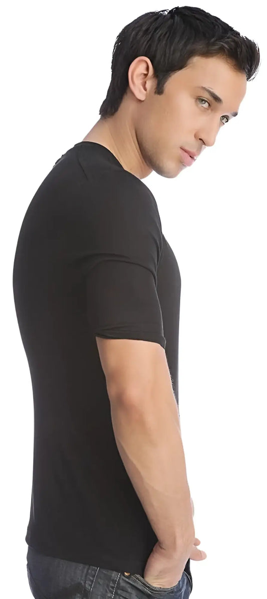 Black short-sleeved hybrid v-neck t-shirt made from soft breathable fabric for casual and active wear