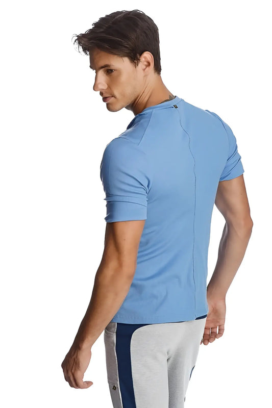 Light blue hybrid v-neck athletic shirt with ribbed texture and subtle seam detail on the back side