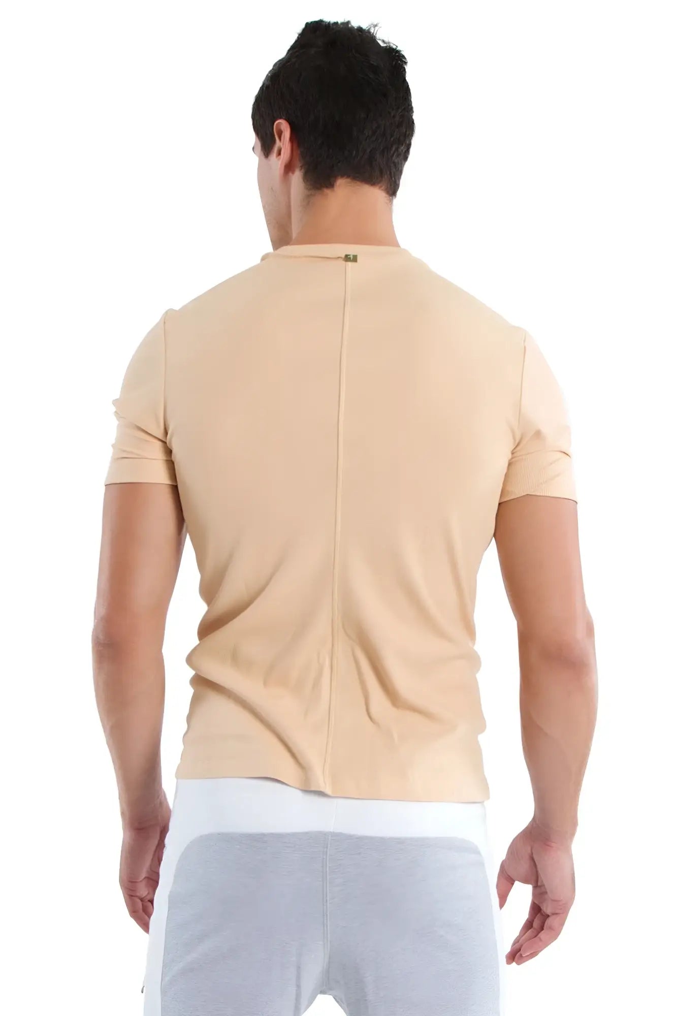 Beige short-sleeved hybrid v-neck t-shirt back view with central zipper in sand beige color